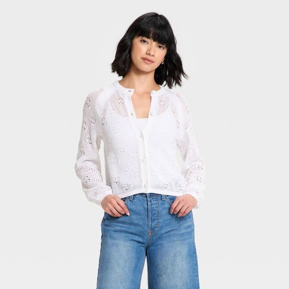 Women's Long Sleeve Openwork Cardigan - Universal Thread White M